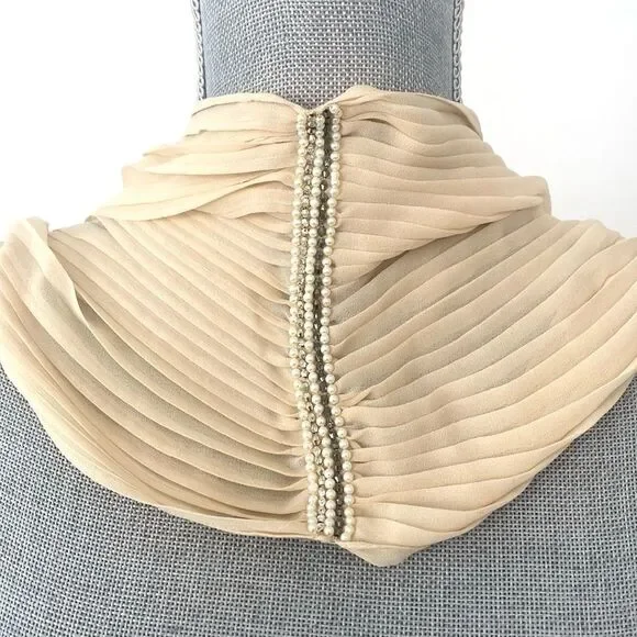Vintage Cream Delicate Pleated Silk Scarf 79” Beaded Victorian Romantic Firly